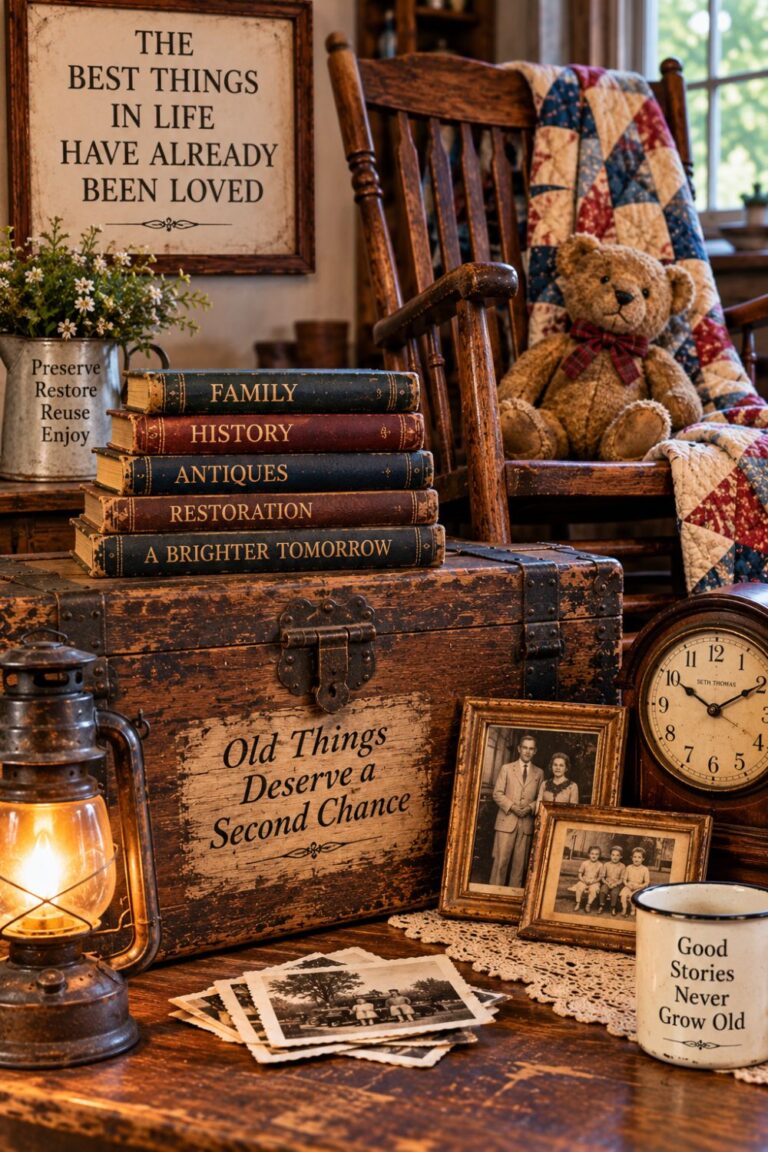 Family heirlooms with an antique chair, clock, photographs, wooden trunk, and well-loved teddy bear