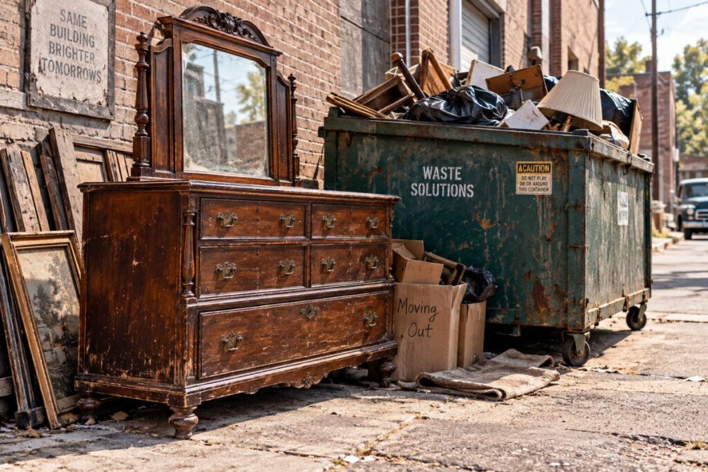 An old wooden dresser with a mirror was discarded beside a dumpster during a move