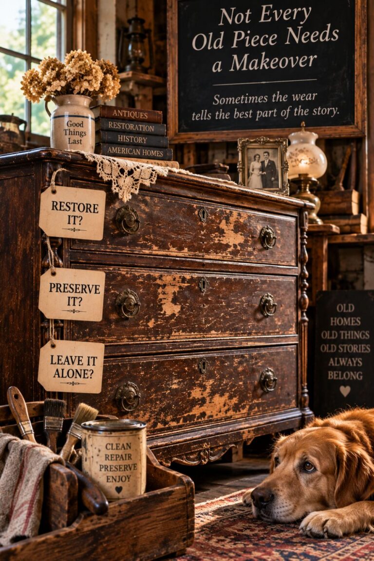 Worn antique dresser with original finish considered for restoration or preservation