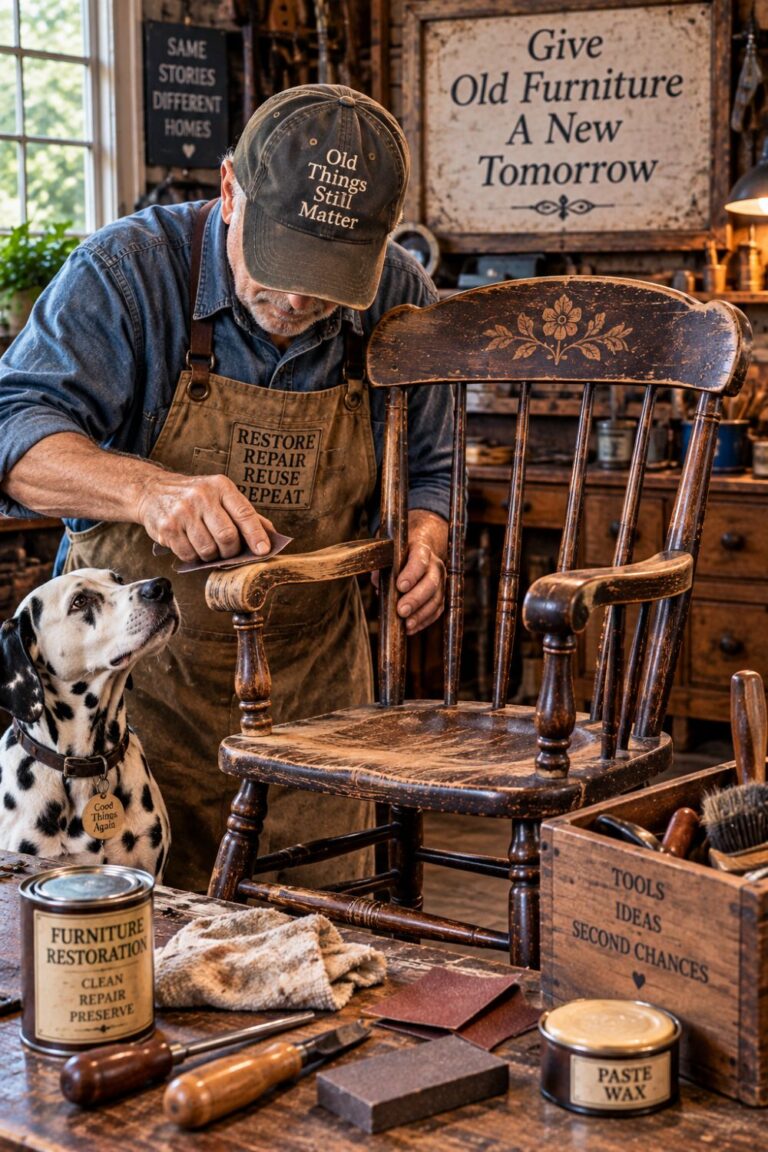 Craftsman restoring a worn wooden chair in a vintage furniture workshop