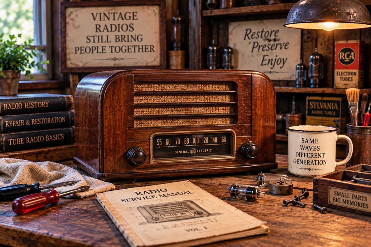 Antique wooden tube radio on a workbench with vintage radio restoration tools and replacement tubes