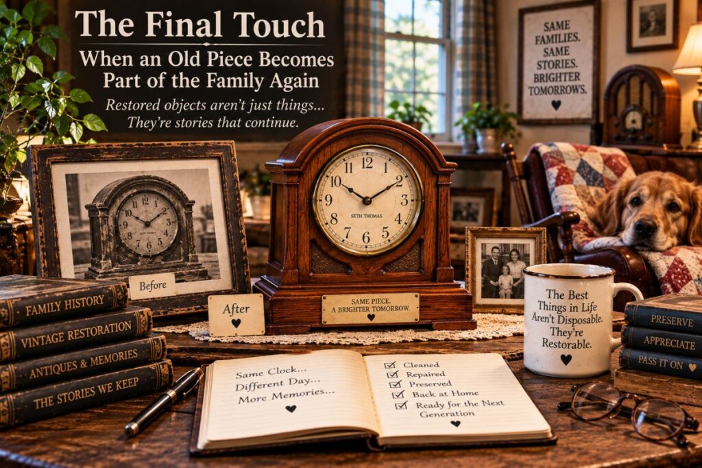 Vintage restoration of an old mantel clock preserved as a piece of family history