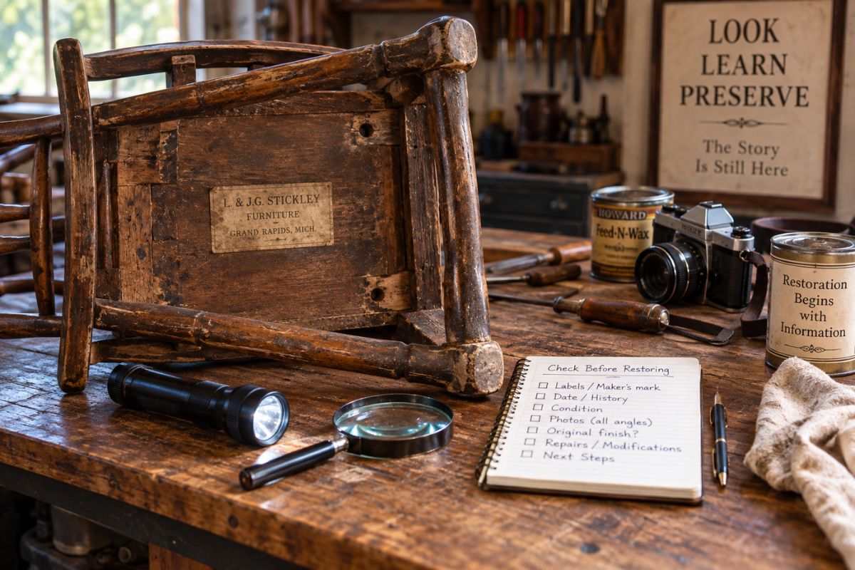Vintage restoration begins by identifying an antique chair and checking its maker's mark