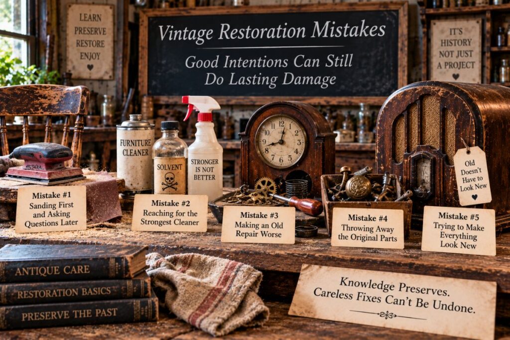 Vintage restoration mistakes including aggressive sanding, strong cleaners, poor repairs, and discarded original parts