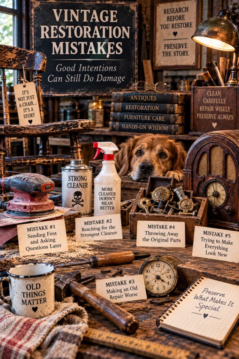 Vintage restoration mistakes shown with an old chair, radio, strong cleaner, sander, and original antique parts
