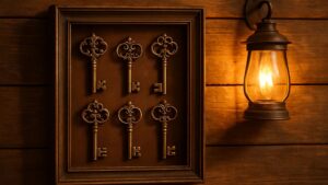 A Skeleton Key Set Displayed on a Wall With a Bright Lantern