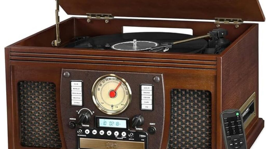 Victrola Navigator 8-in-1 Bluetooth Record Player with Built-in Speakers– 3 Speed Turntable, CD Player, Cassette, FM Radio, USB, RCA Out, Headphone Jack, Wireless Music Streaming, Real Wood