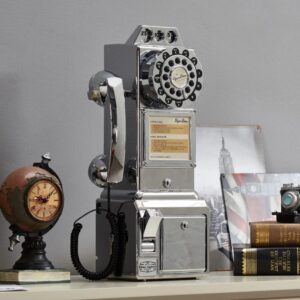 Ryan Bros. American Retro 1950's Payphone with Coin Bank Wall-Mount Corded Phone (Silver Chrome)