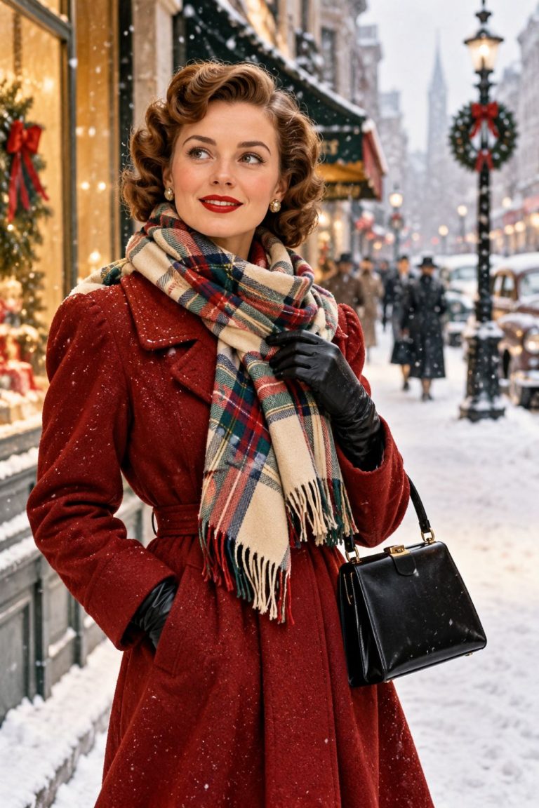 Woman wearing a plaid scarf and red winter coat in a 1950s-inspired street scene