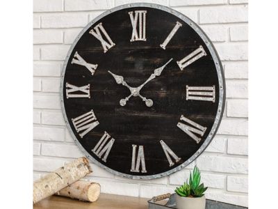 Glitzhome 28-Inch Distressed Black Rustic Wooden Wall Clock