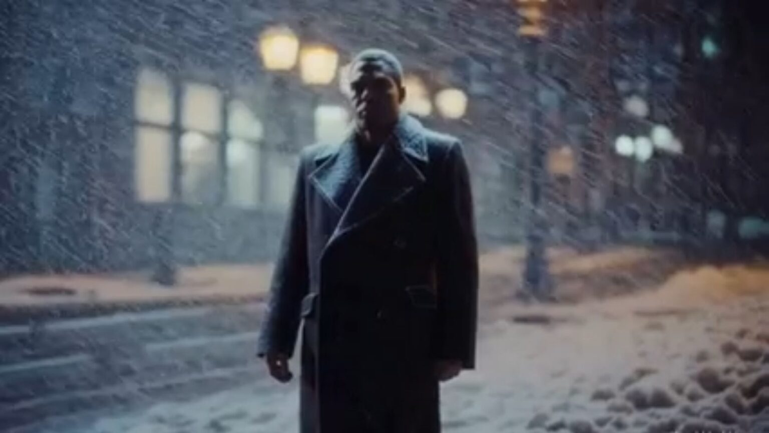 Large Man In Wool Overcoat During Snowstorm