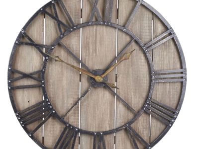 Large Oversized Decorative Rustic Wall Clock, Brown Wood / Black Metal