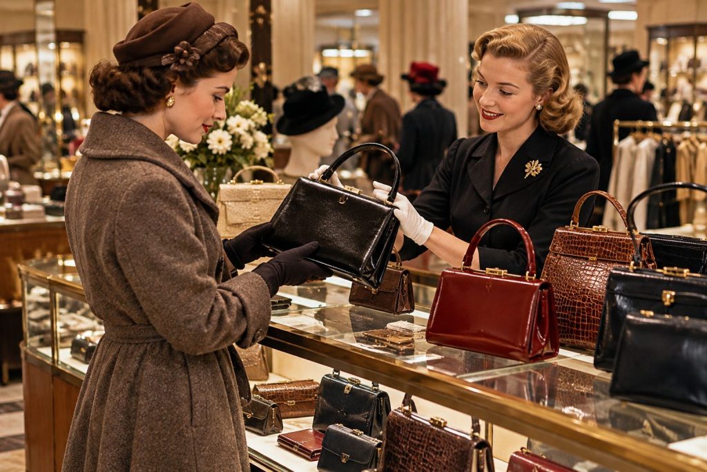 Woman shopping for a structured handbag at a vintage department store counter