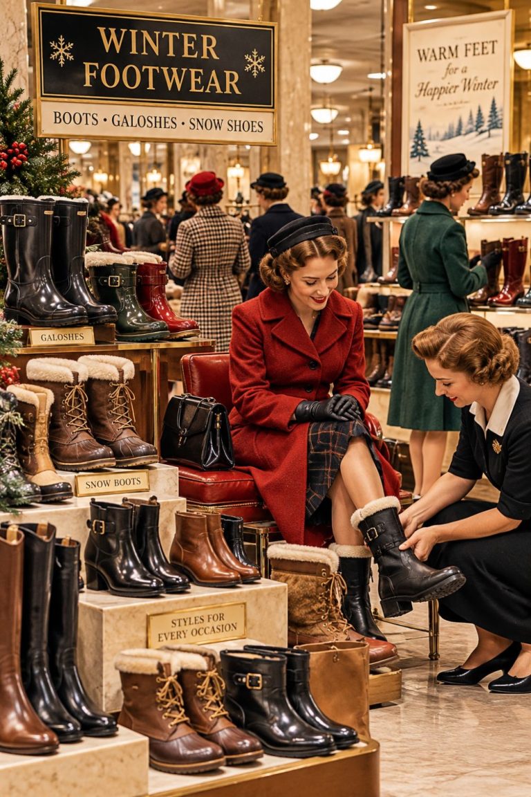 Women shopping for winter boots and galoshes in a vintage department store