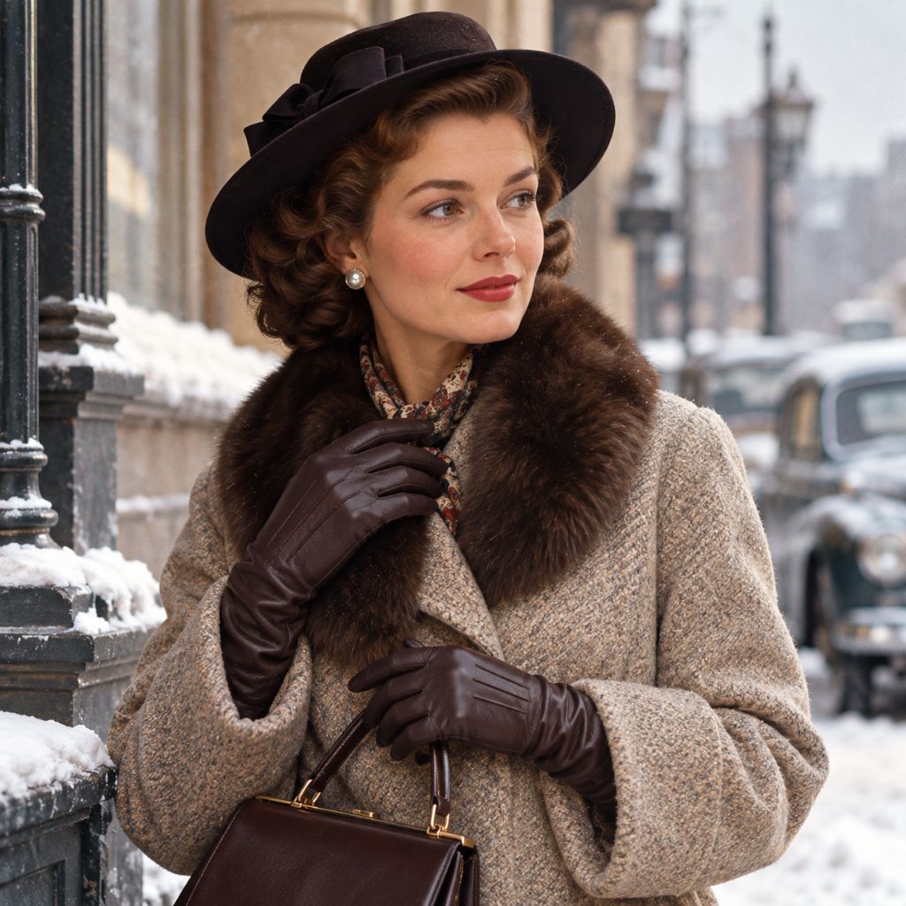 Woman wearing brown leather gloves with a vintage winter coat
