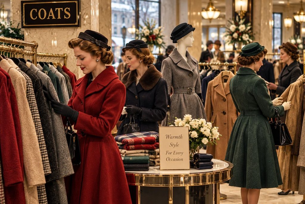 Women shopping for wool coats in a vintage department store