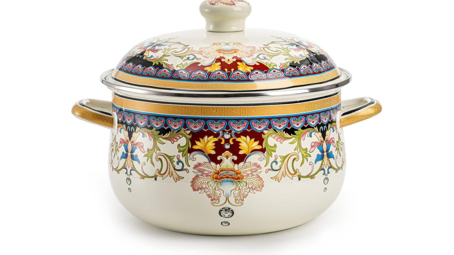 ZENFUN Kitchen Enamel Stockpot with Lid, 4.5 Quart Retro Flower Stew Bean Cooking Pot