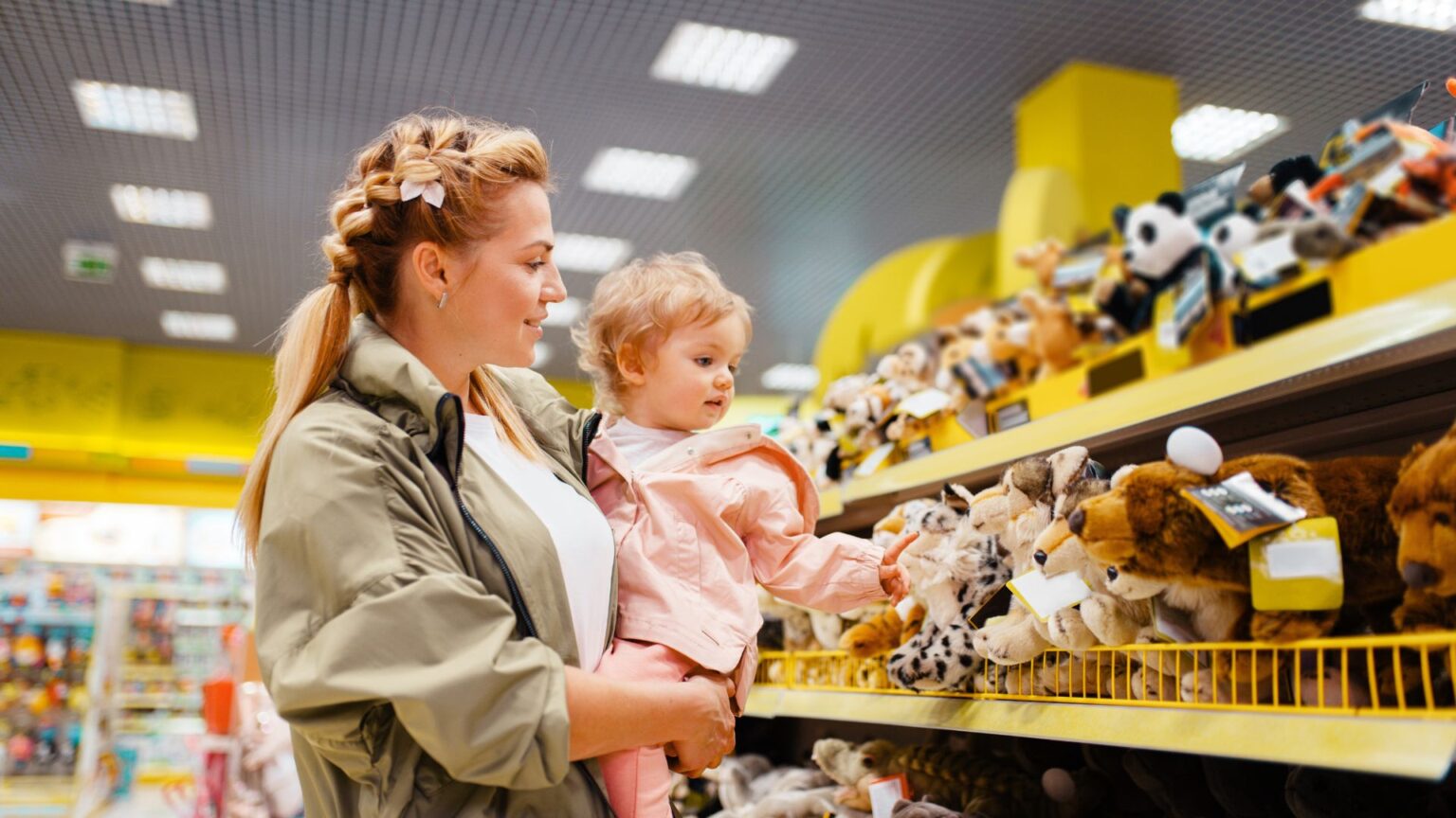 A mother with her girl choosing toys in a kids' store