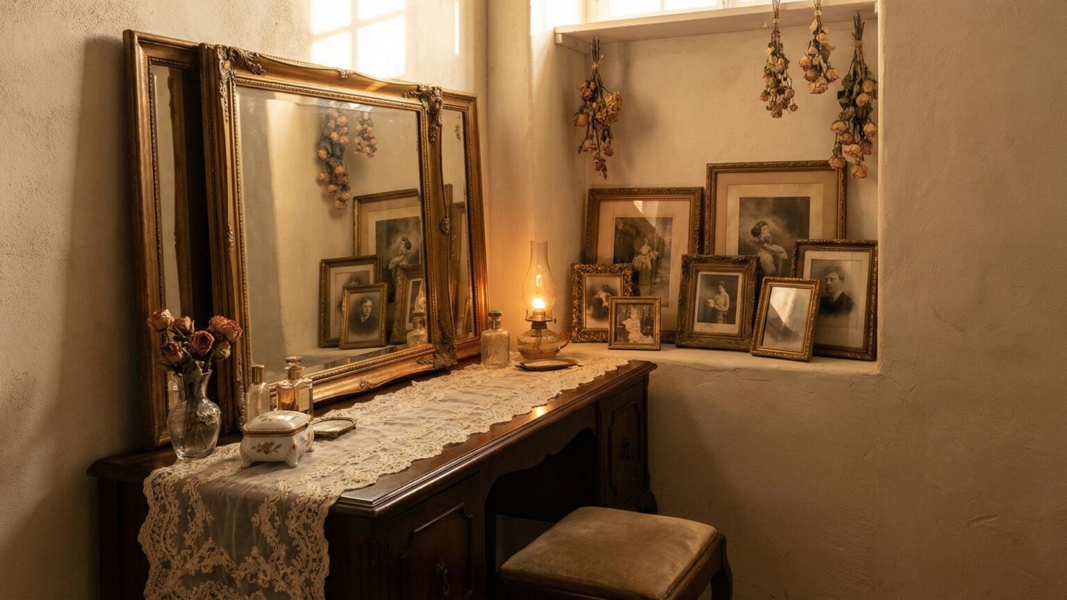 Heritage-Style Dressing Area Featuring An Antique Mirror