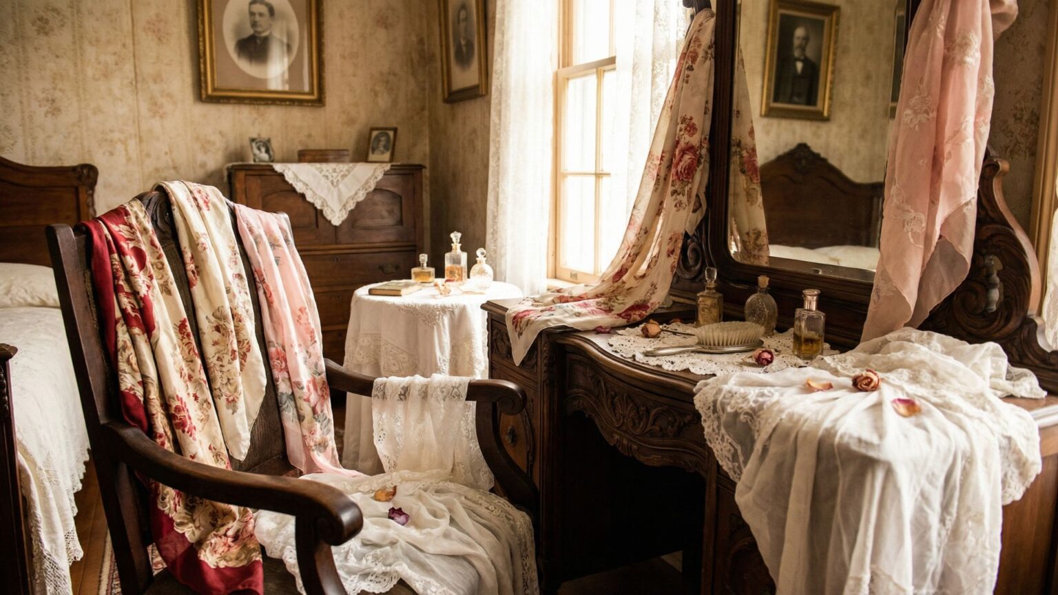 Romantic Heritage Home Scene With Vintage Silk Scarves For Romantic Vintage Fashion Gifts