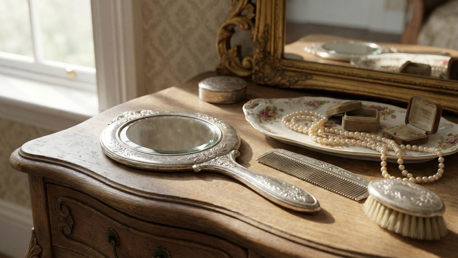 Vintage Vanity Table Close-Up Featuring An Antique-Style Hand Mirror. Romantic Vintage Fashion Gifts