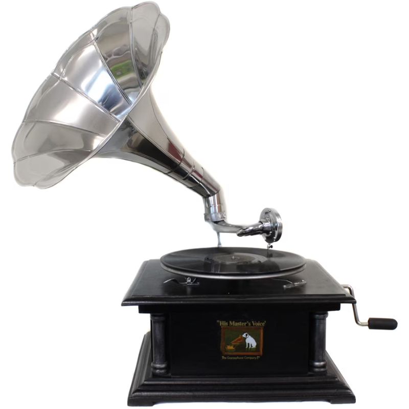 Urban Designs Antique Replica RCA Victor Phonograph Gramophone with Large Silver Metal Horn