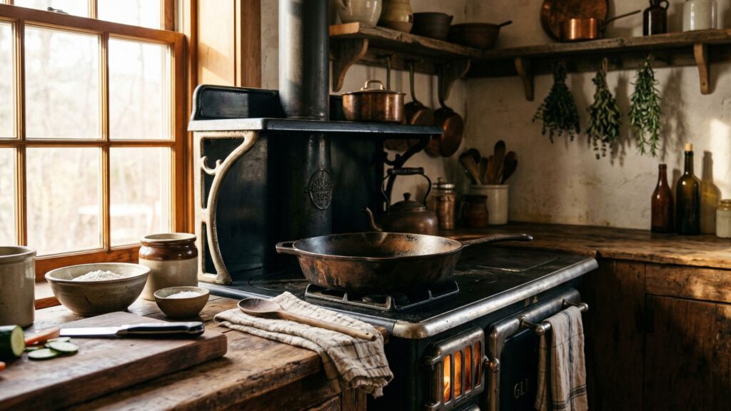 Cast Iron Cookware on an Old Wooden Stove