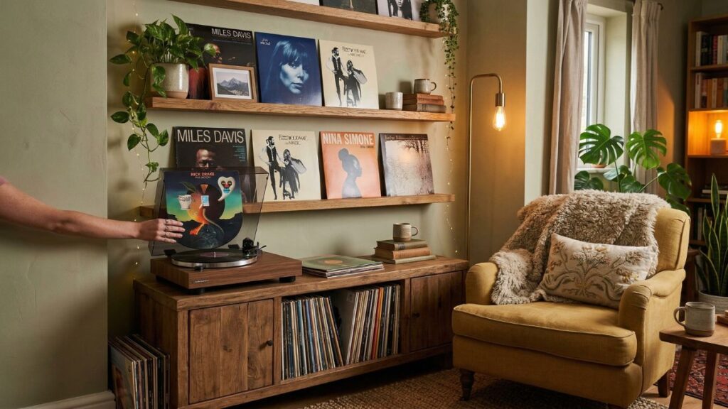 A cozy, well-designed living room corner featuring a vintage-style record player