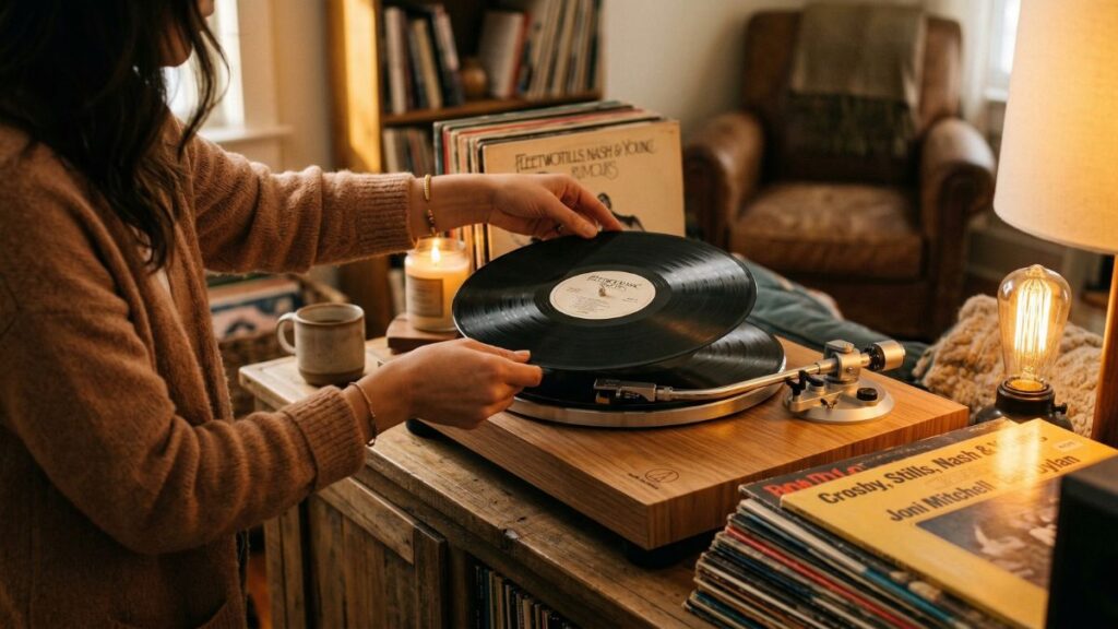 A warm, inviting scene of a person placing a vinyl record onto a vintage-style record player