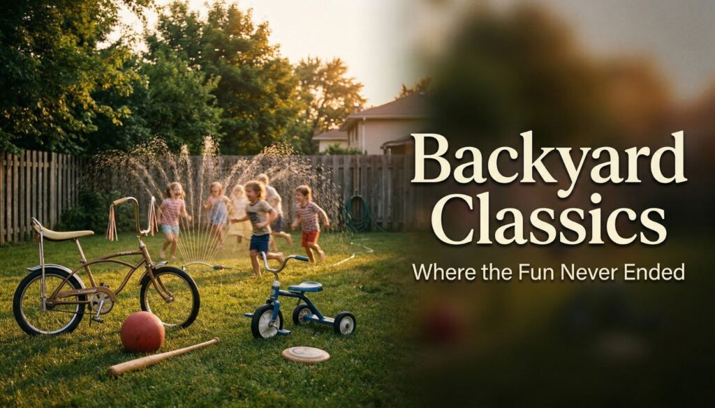 kids playing outside with vintage toys in a backyard setting with bicycles and classic outdoor games