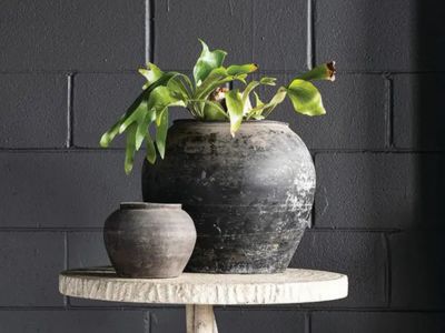 Rustic clay garden planters displayed with farmhouse greenery