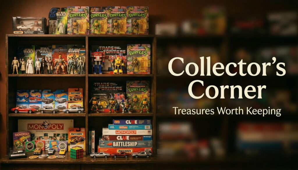 vintage 80s and 90s toy collection with action figures board games and collectibles displayed on wooden shelves