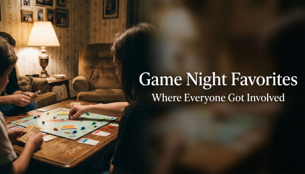 family playing vintage board games at a table with classic games like monopoly and cards