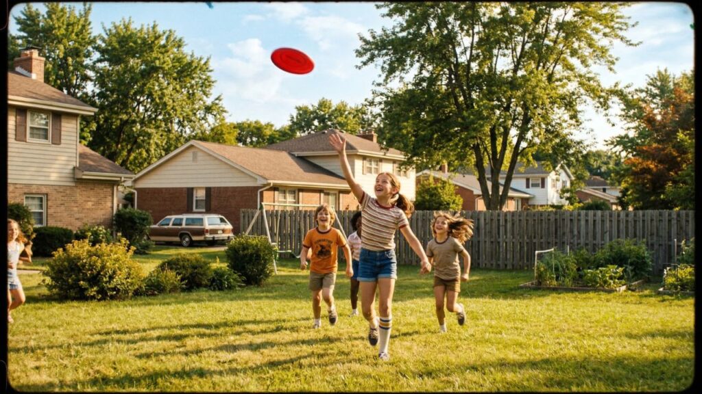 Kids playing Frisbee in a sunny backyard during the 1970s summer toy era