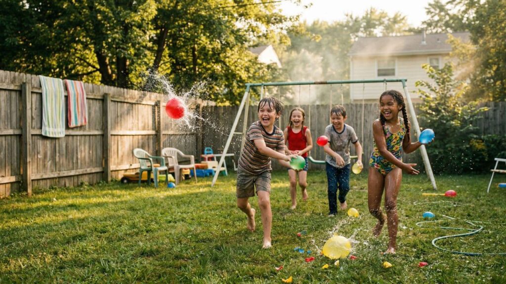 Kids having a backyard water balloon fight during a sunny summer afternoon