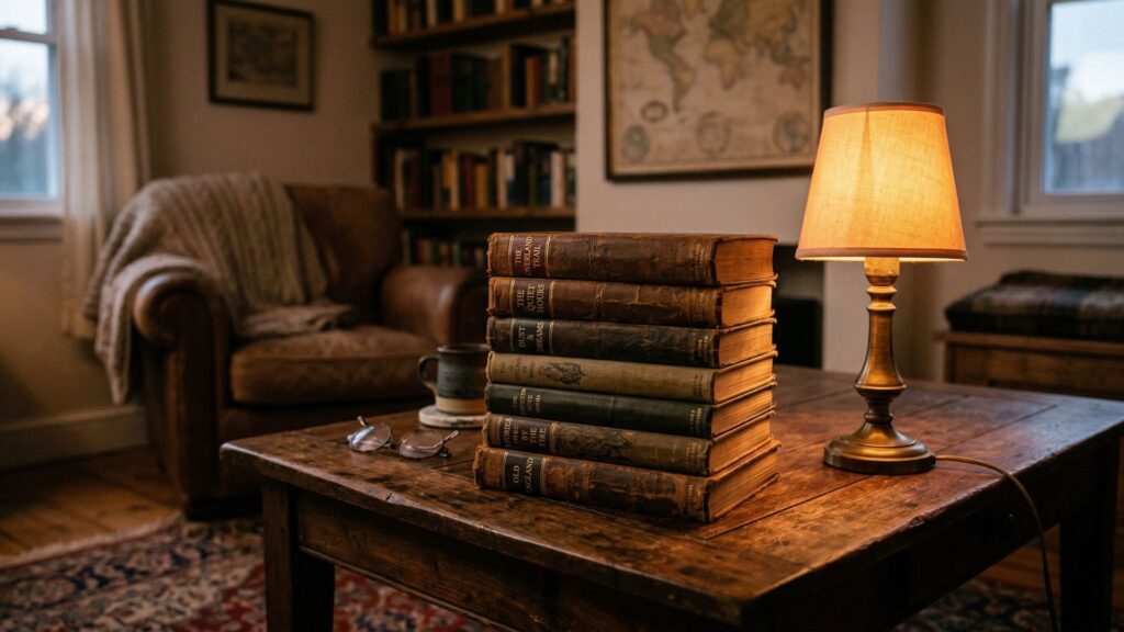 Stack of Vintage Books With Lamp