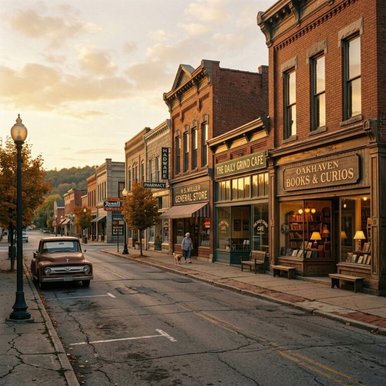 Nostalgic small-town American Main Street with a neighborhood bookshop