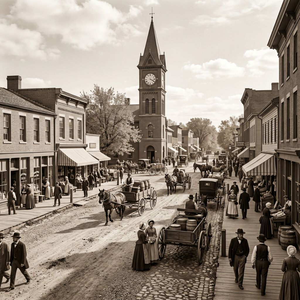 Bustling 19th-century American Town Square Clocks In American History