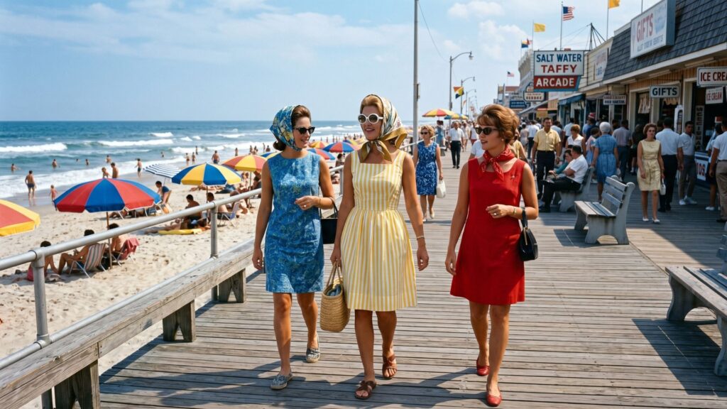1960s American Beach Boardwalk Scene Wearing Women's Patriotic Fashion