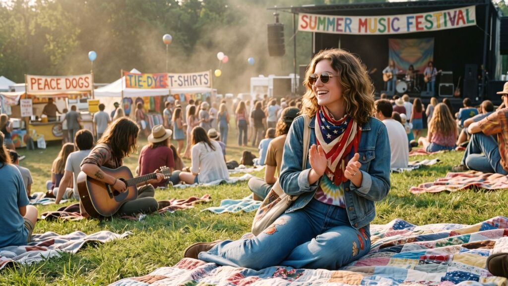 1970s Outdoor Summer Music Festival in America. Women's Patriotic Fashion