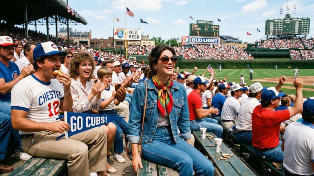 1980s American baseball stadium on a sunny summer afternoon.