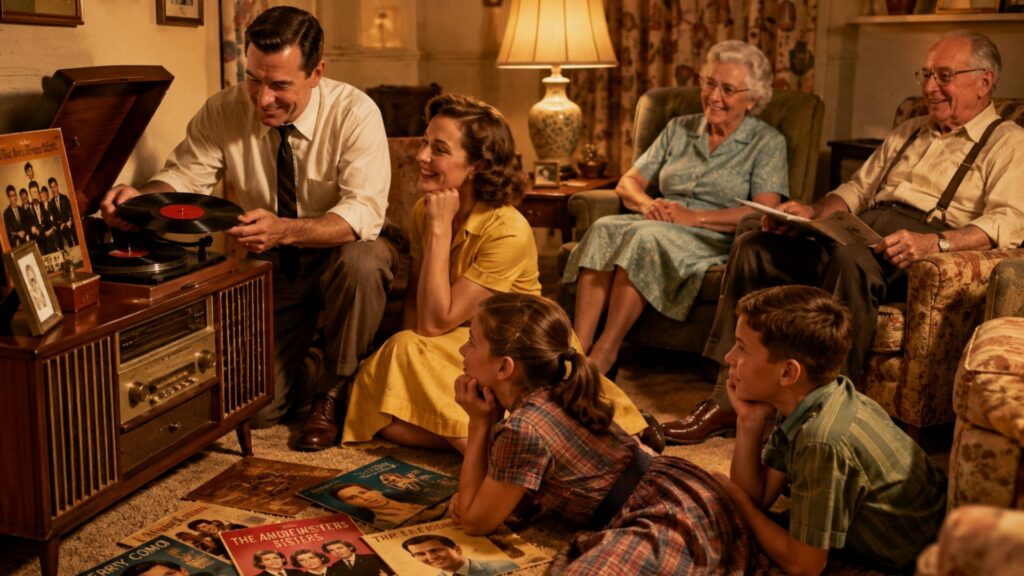 The Music That Kept America Dancing: A cozy 1950s living room with three generations listening to records together.