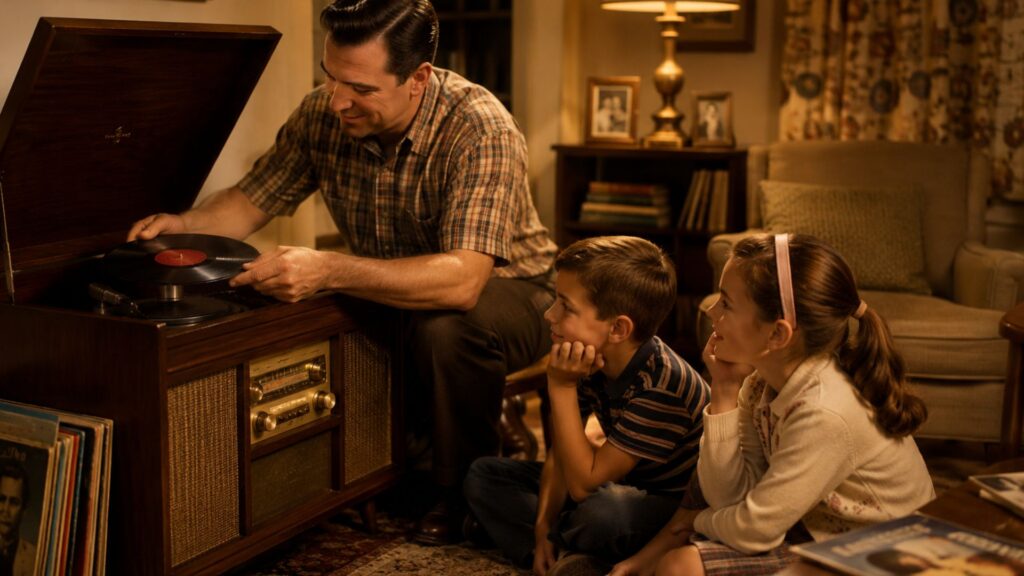 A father placing a vinyl record onto a beautiful console record player while his children watch.