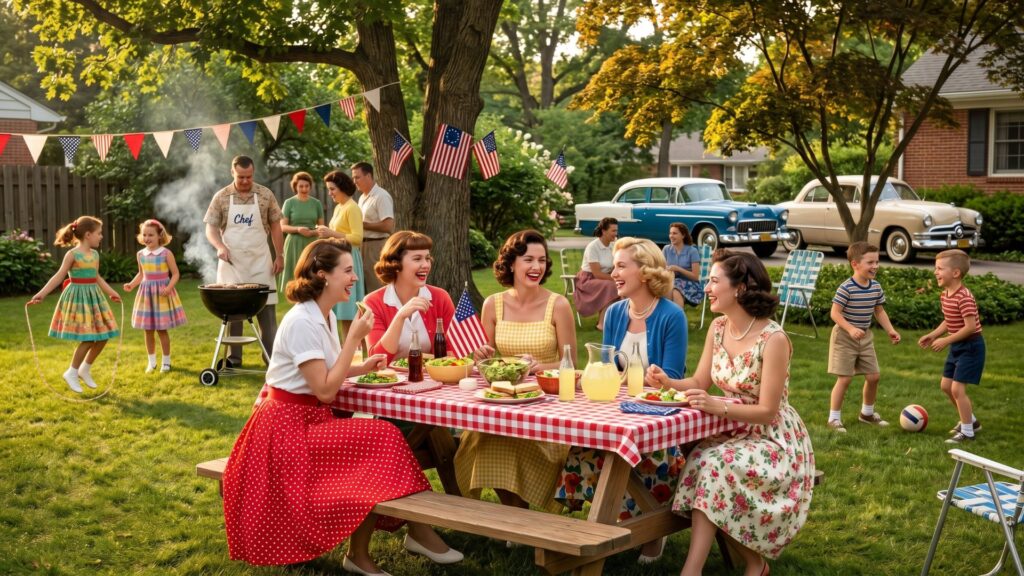 Women's Patriotic Fashion: Families enjoy a summer barbecue