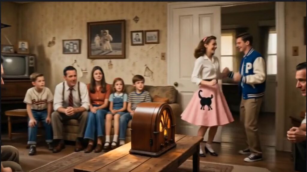 Seven Family members Dancing around a vintage radio