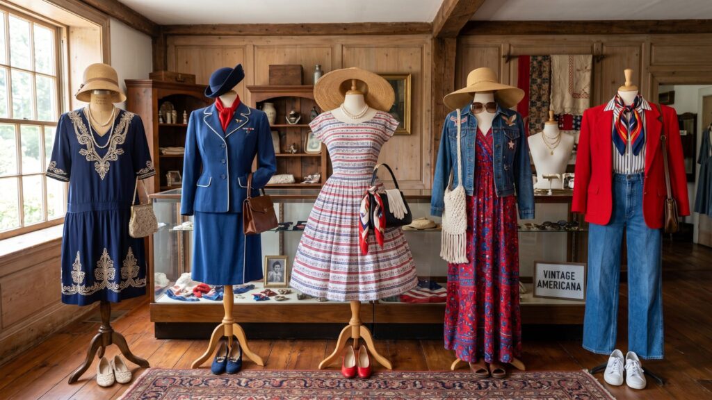 Women's Patriotic Fashion. Three generations of women stroll together down a tree-lined Main Street