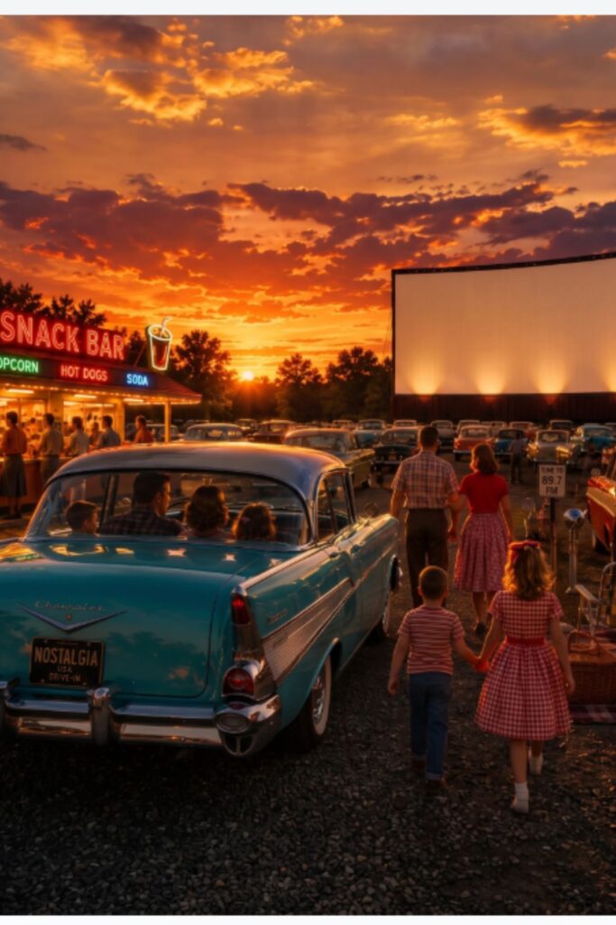 Families walk toward a classic drive-in theater at sunset as vintage automobiles fill the lot, a glowing snack bar serves refreshments, and the giant movie screen awaits another unforgettable summer evening.