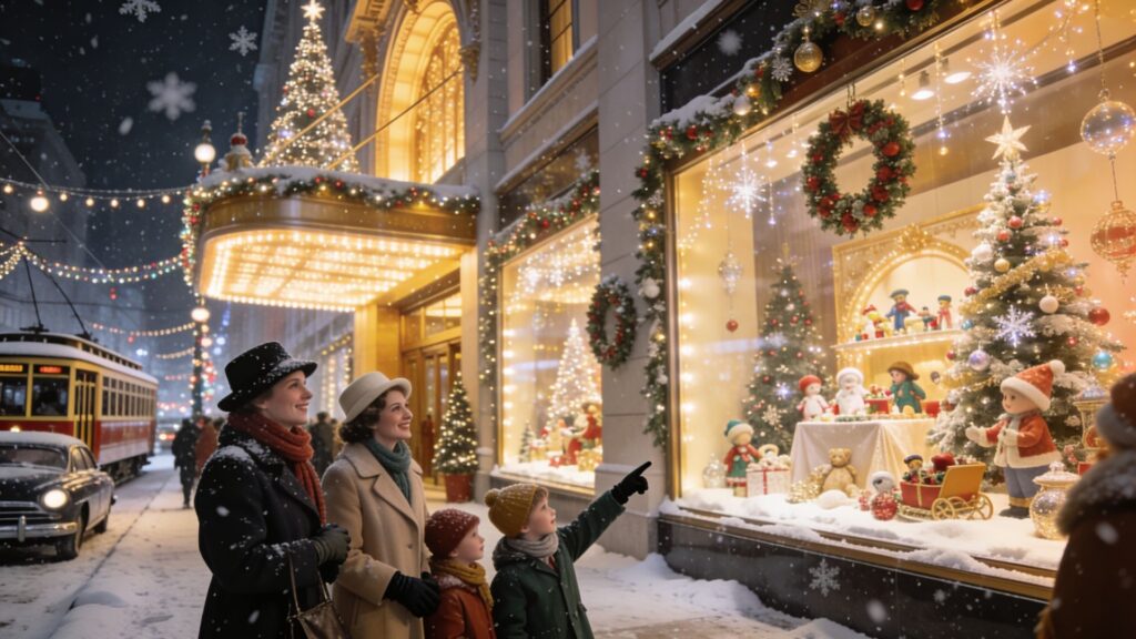 Families admiring Christmas window displays outside a historic American department store, showing why women loved department stores and holiday shopping traditions.