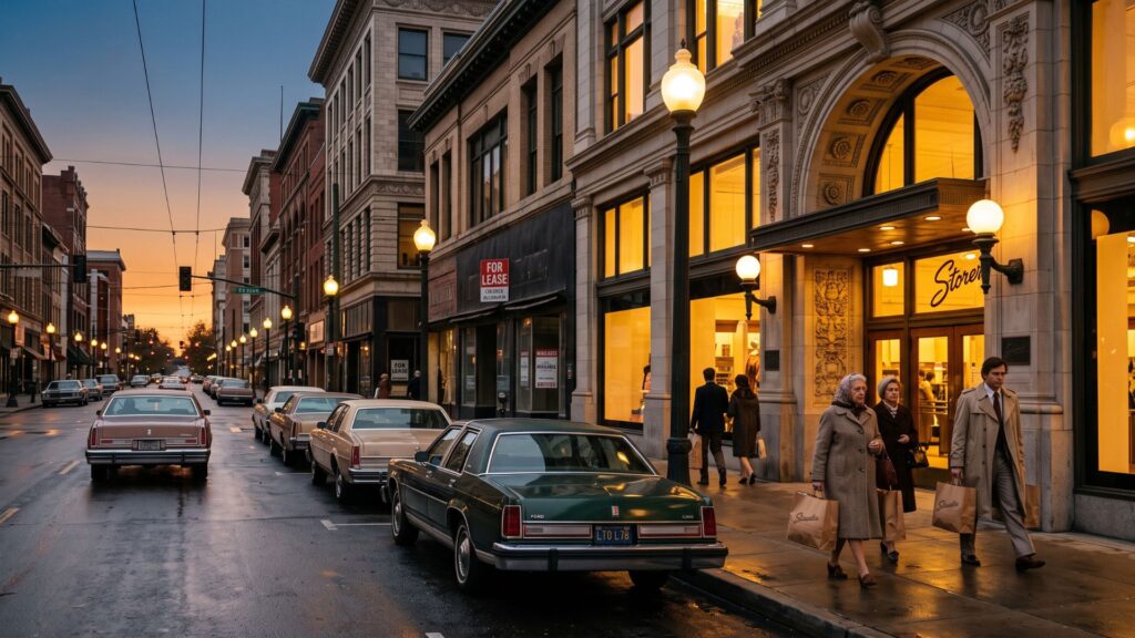 Historic American downtown department store during changing shopping times, preserving memories of why women loved department stores.
