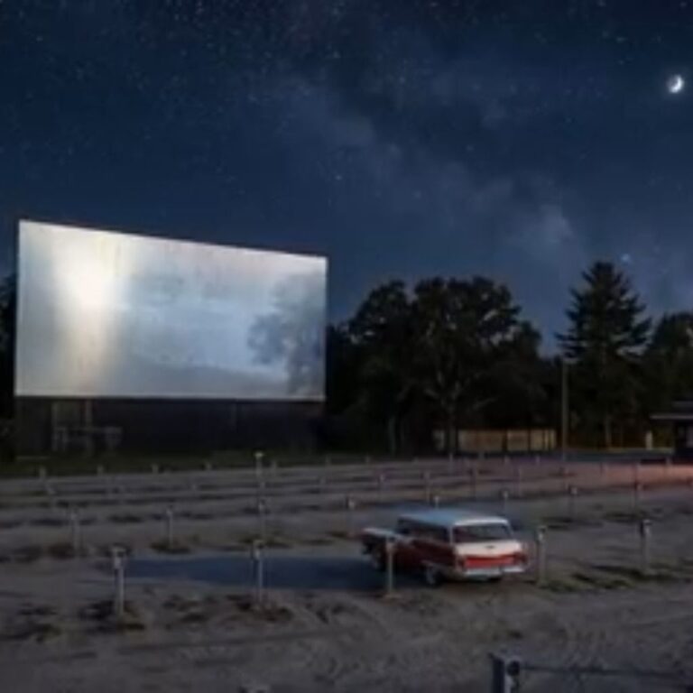 A red-and-white 1959 Ford Country Sedan sits beneath a star-filled sky at a nearly empty classic drive-in theater after a memorable summer evening.